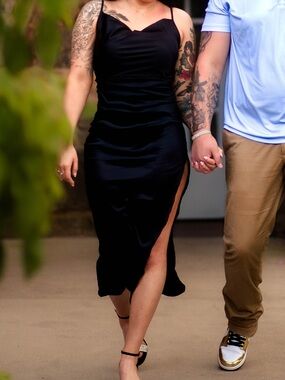 Classic Black Satin Slip Dress with Side Slit